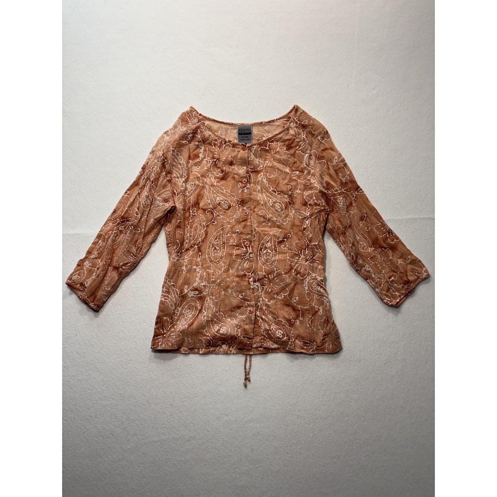 Columbia Blouse Womens Small Brown Paisley 3/4 Sleeve Tunic Button Front Cotton